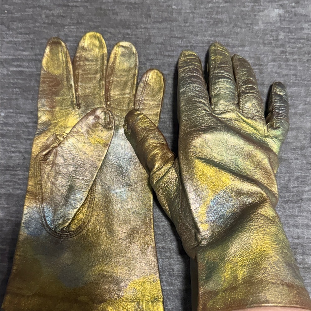 Metallic Gold Green and Brown Leather Gloves